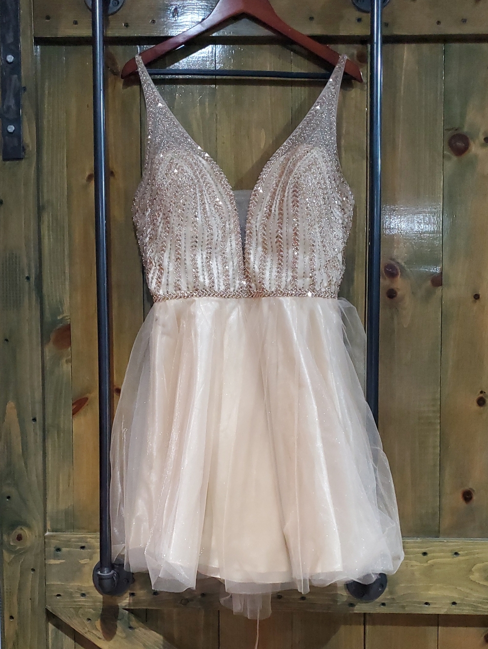 Sparkling V-Neck Mini Dress in Champagne Beaded Sequin Shimmer 2XL Mini Fairy